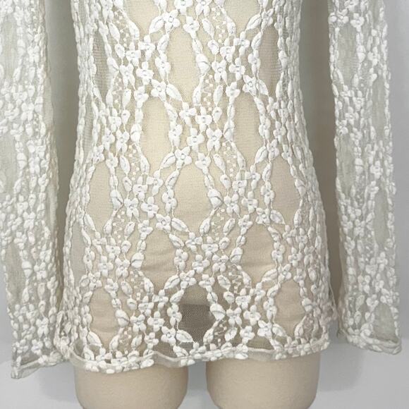 Free People Sheer Lace-Up Shoulder Stretchy Floral Top Blouse White | M - Picture 3 of 9